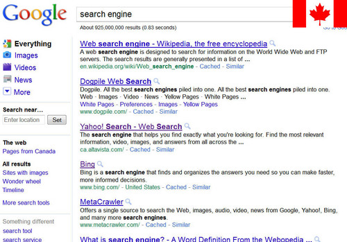 Google Canada search results performed in Canada, 03 June 2011