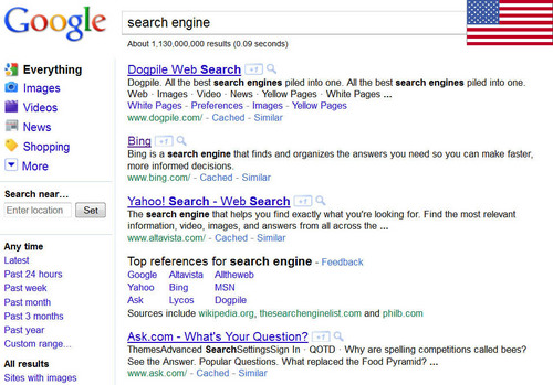 Google USA search results performed in the United States, 03 June 2011