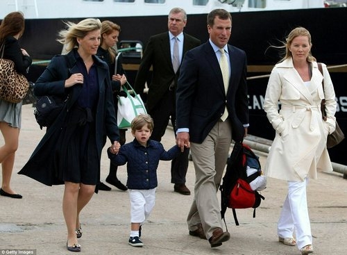 Sophie, the Countess of Wessex and her son James, Viscount Severn, walk alongside the Queen's grandson Peter Phillips (the only son of the Princess Royal) and his Canadian wife Autumn following the Royal family's Scottish cruise last year. Princess Eugenie, Princess Beatrice and their father Prince Andrew, The Duke of York, follow on