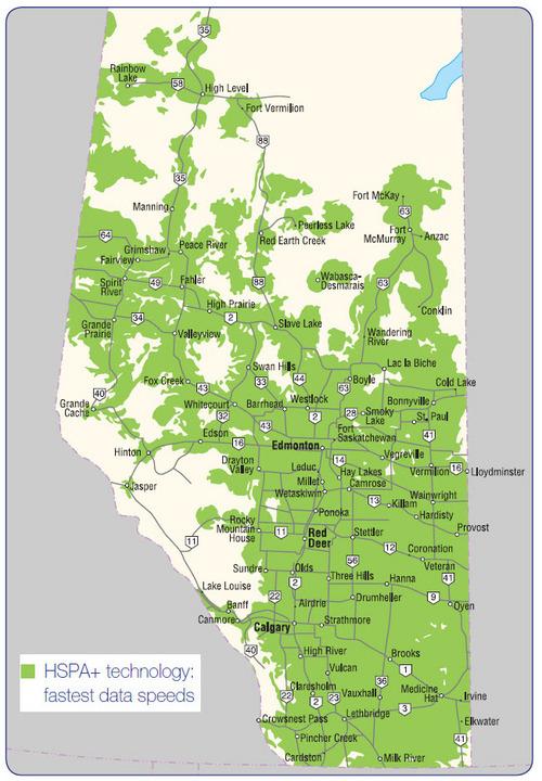 Telus coverage in Alberta (only 3G+ shown)