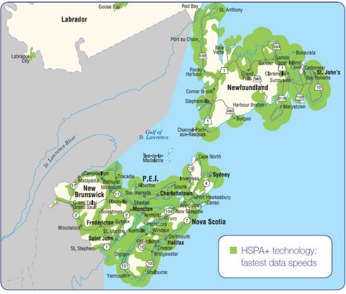 Telus coverage in the Atlantic provinces (only 3G+ shown)