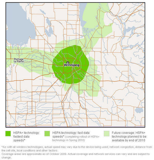 Telus coverage in Manitoba (only 3G+ shown)