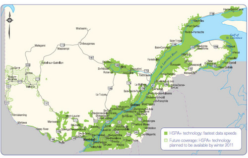 Telus Mobility coverage in Quebec (only 3G+ shown)