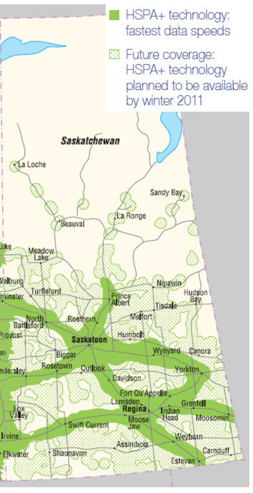 Telus coverage in Saskatchewan (only 3G+ shown)